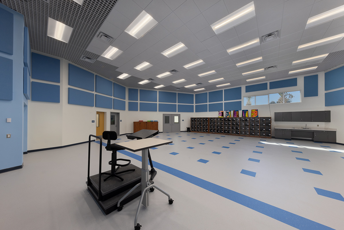 Interior design band room view of the Plumosa School of the Arts in Delray Beach. FL. 